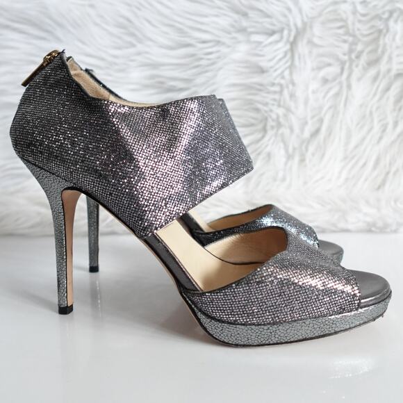 Jimmy Choo Private Silver Glitter Platform Sandals